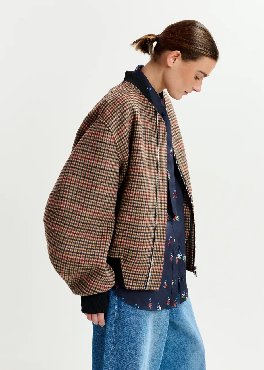 Brown, red and black checked wool bomber jacket