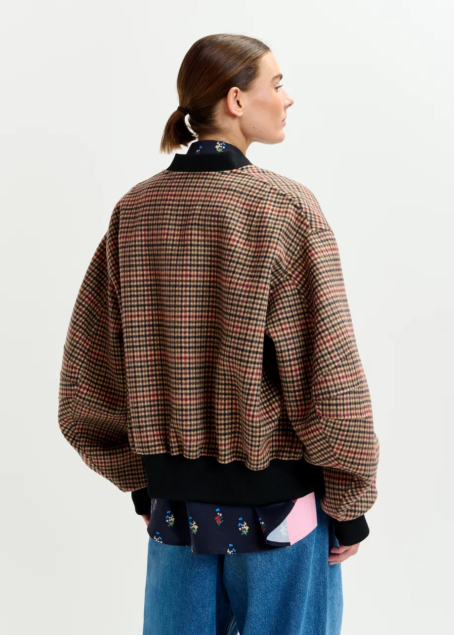 Brown, red and black checked wool bomber jacket