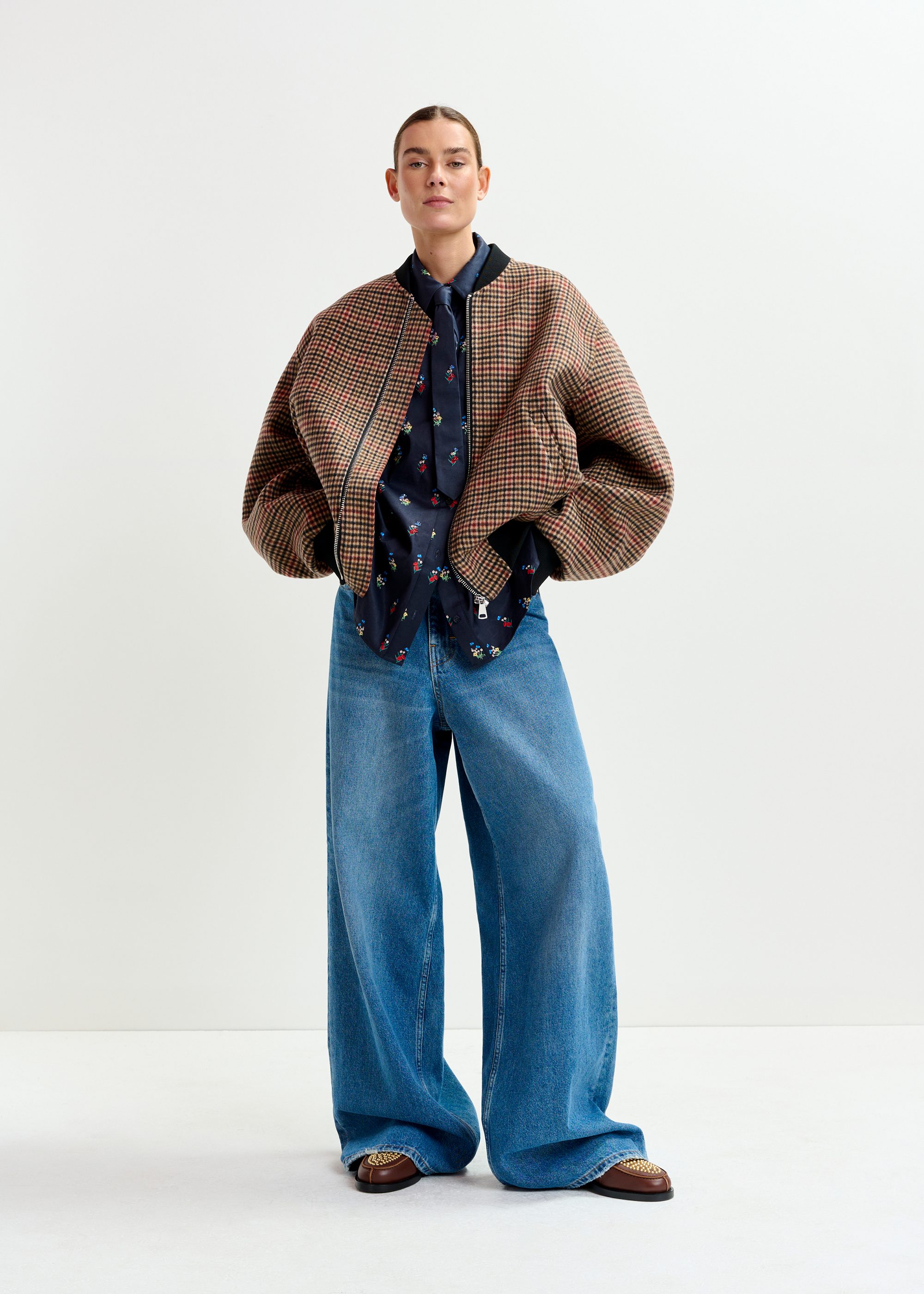 Brown, red and black checked wool bomber jacket | Essentiel