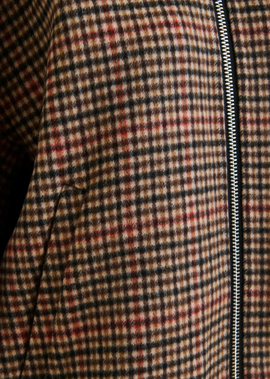 Brown, red and black checked wool bomber jacket
