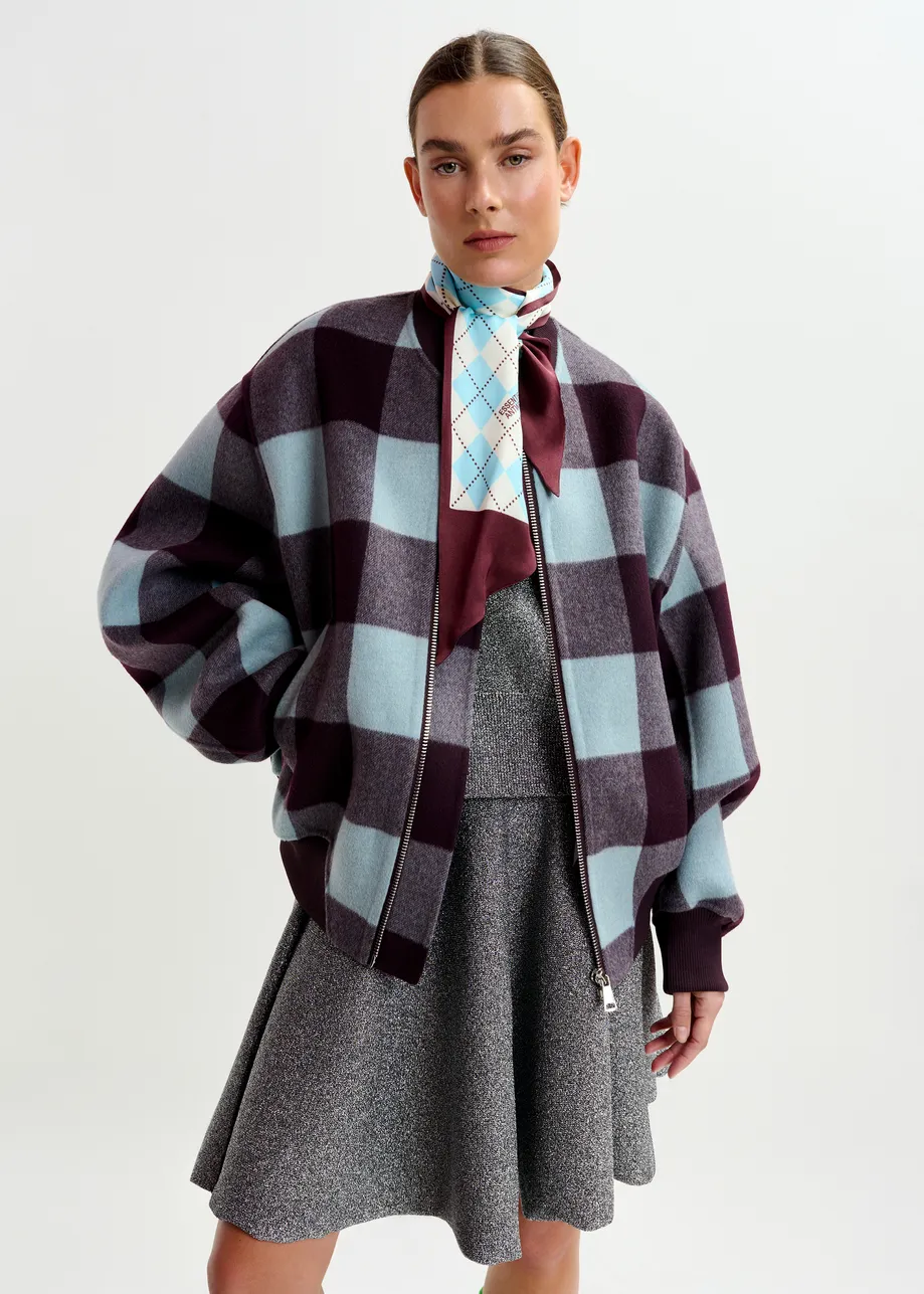 Blue, deep purple and brown checked wool bomber jacket