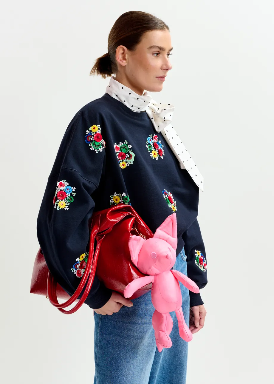 Navy and multicolor cotton sweatshirt with floral sequin and bead-embellished embroideries