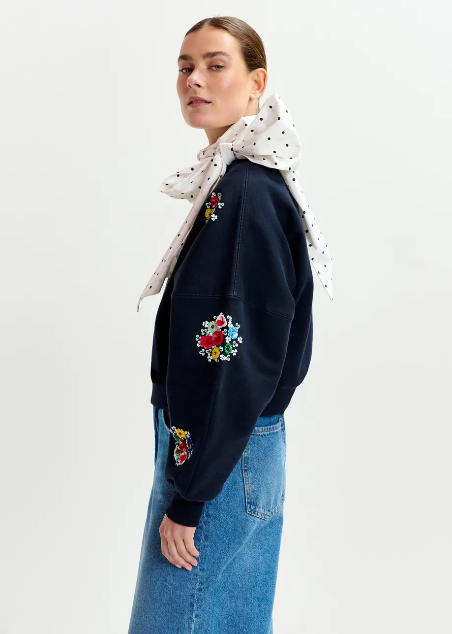 Navy and multicolor cotton sweatshirt with floral sequin and bead-embellished embroideries