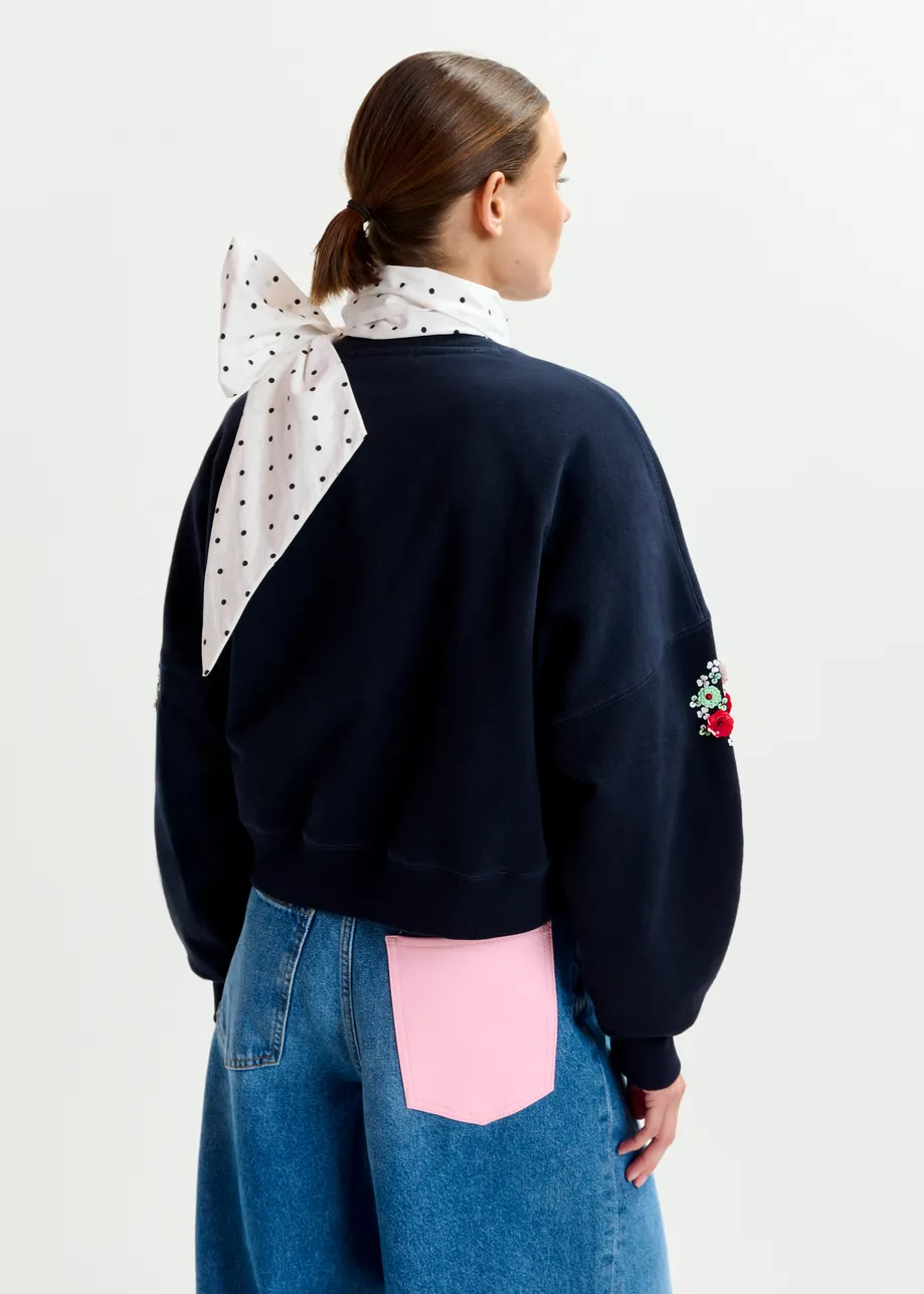 Navy and multicolor cotton sweatshirt with floral sequin and bead-embellished embroideries