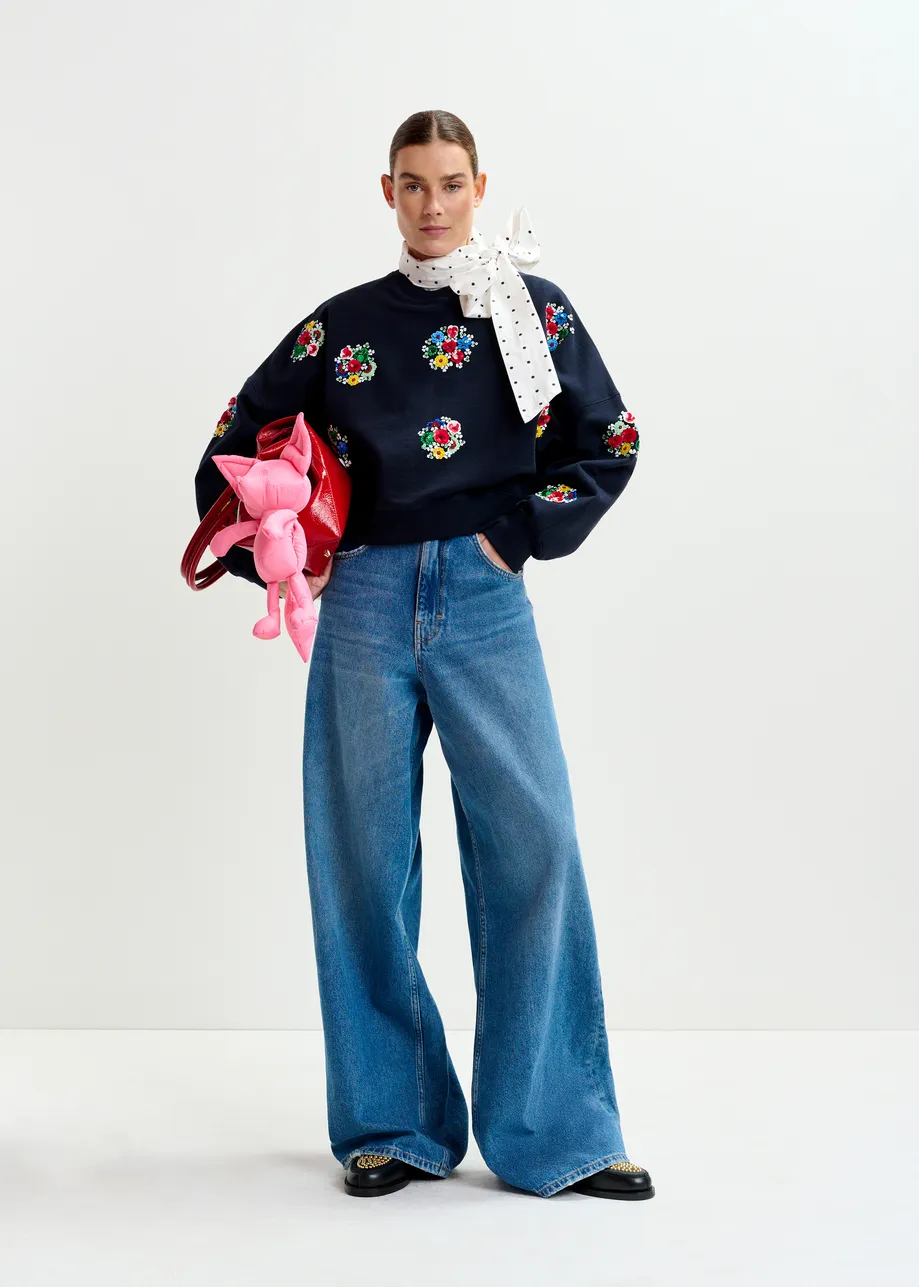 Navy and multicolor cotton sweatshirt with floral sequin and bead-embellished embroideries