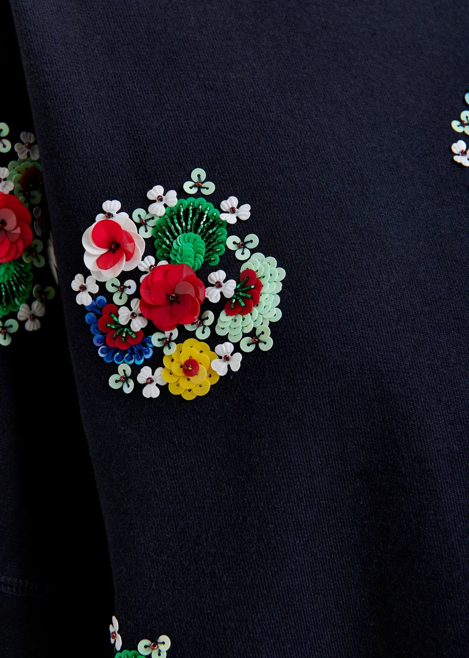 Navy and multicolor cotton sweatshirt with floral sequin and bead-embellished embroideries