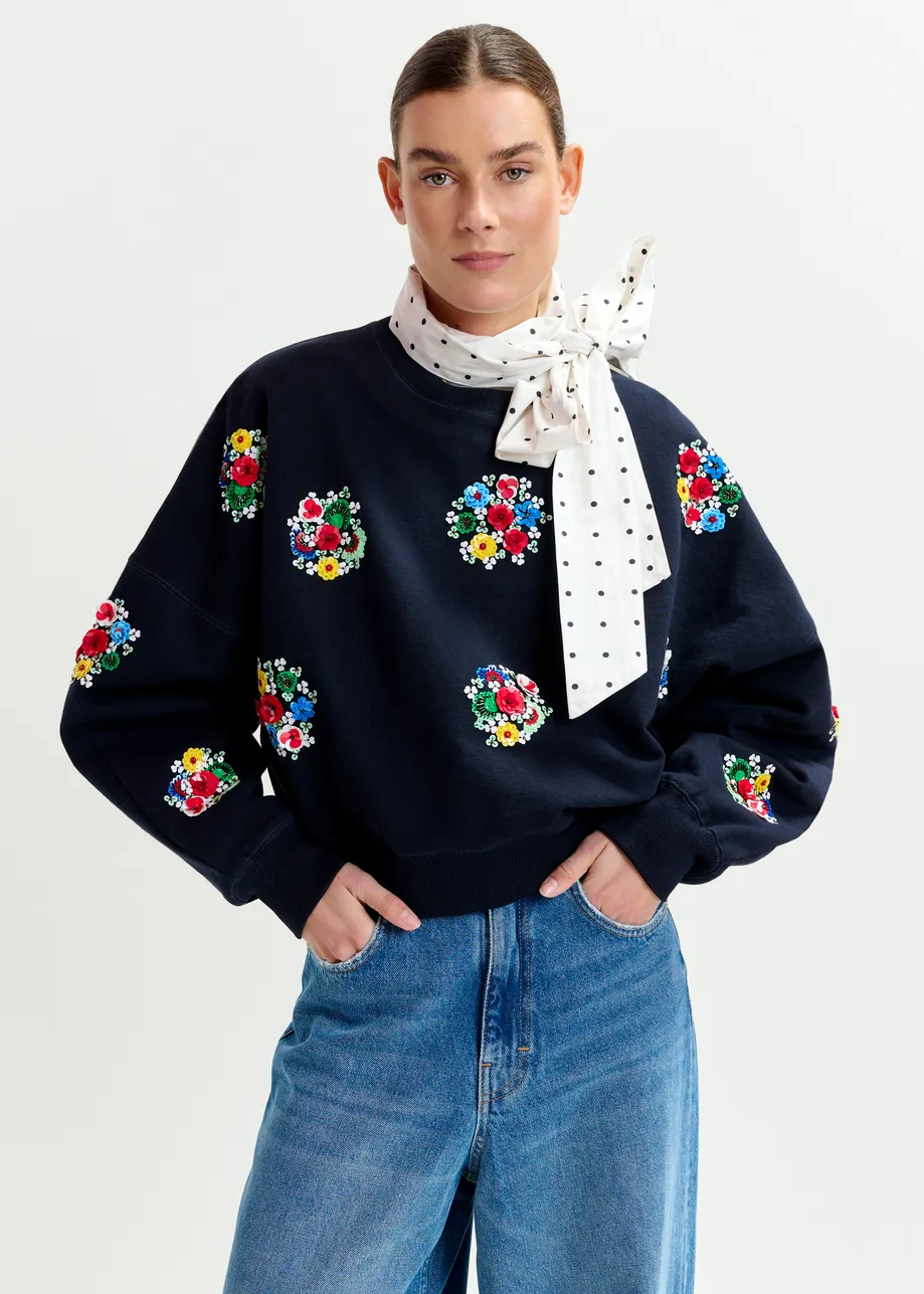 Sudadera de algodón con bordados florales de lentejuelas y cuentas, azul marino y multicolor