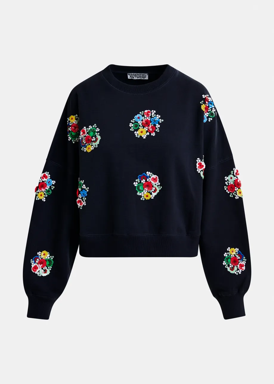 Navy and multicolor cotton sweatshirt with floral sequin and bead-embellished embroideries