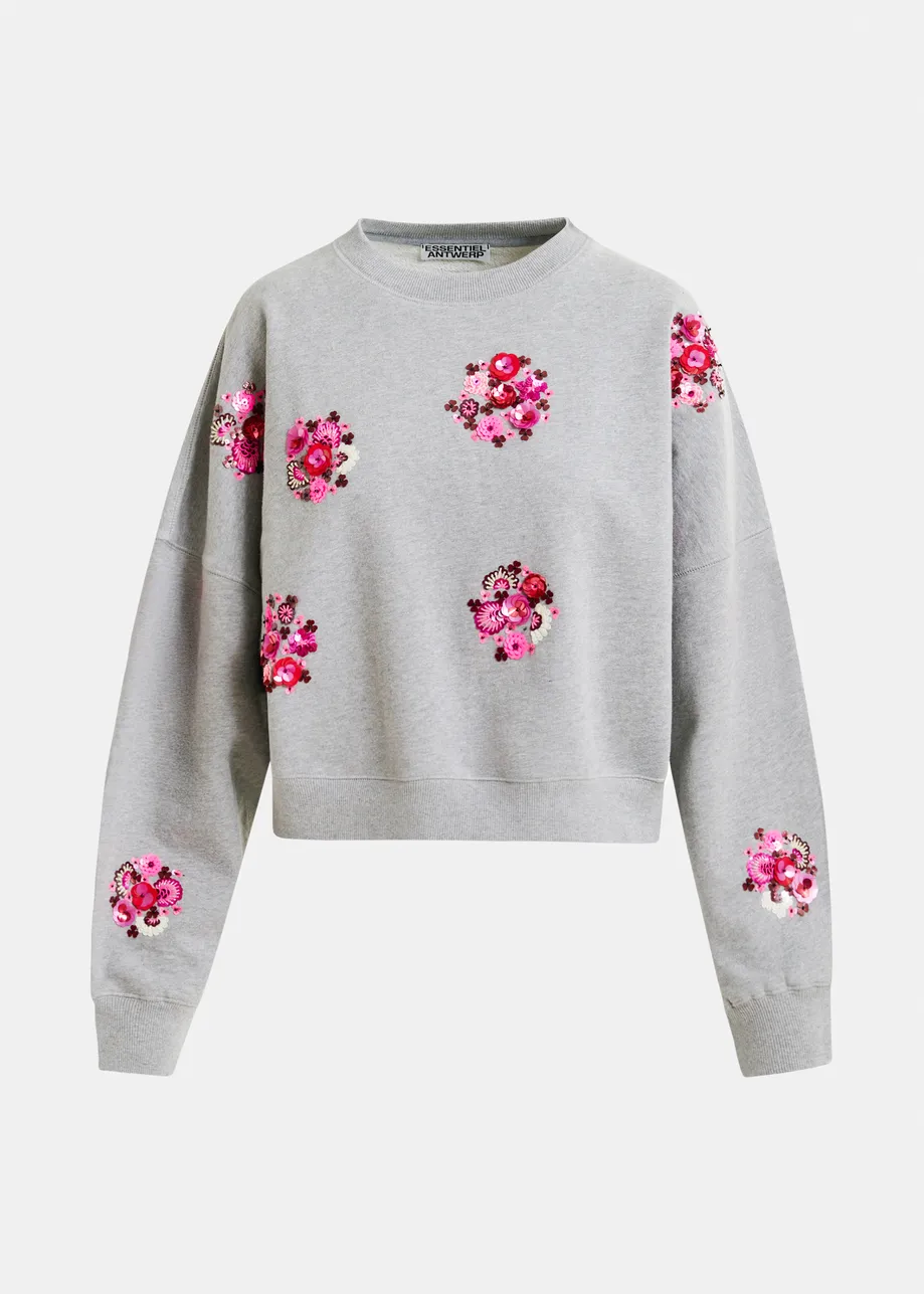 Grijze sweater met veelkleurig borduurwerk