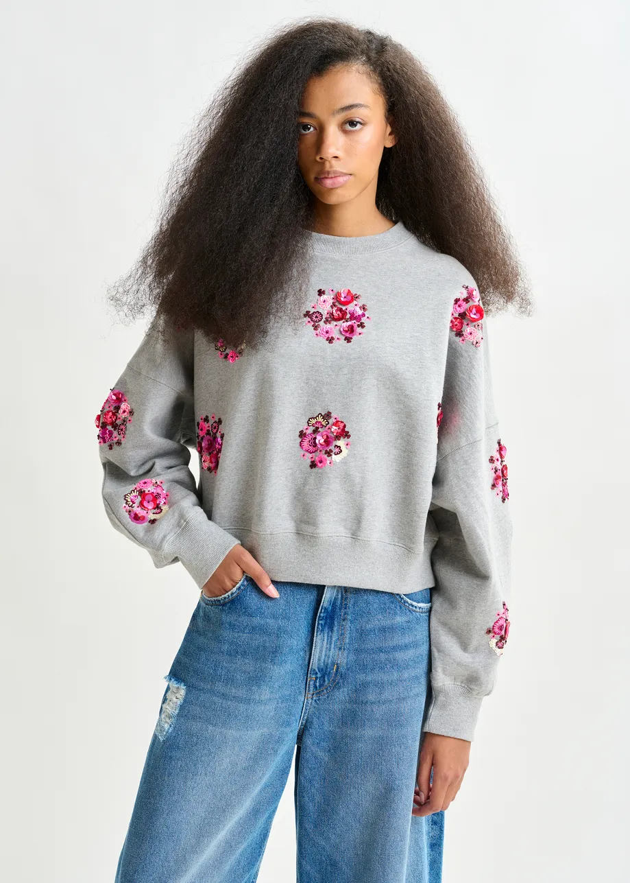 Sudadera de algodón con bordados florales de lentejuelas y cuentas, gris y multicolor