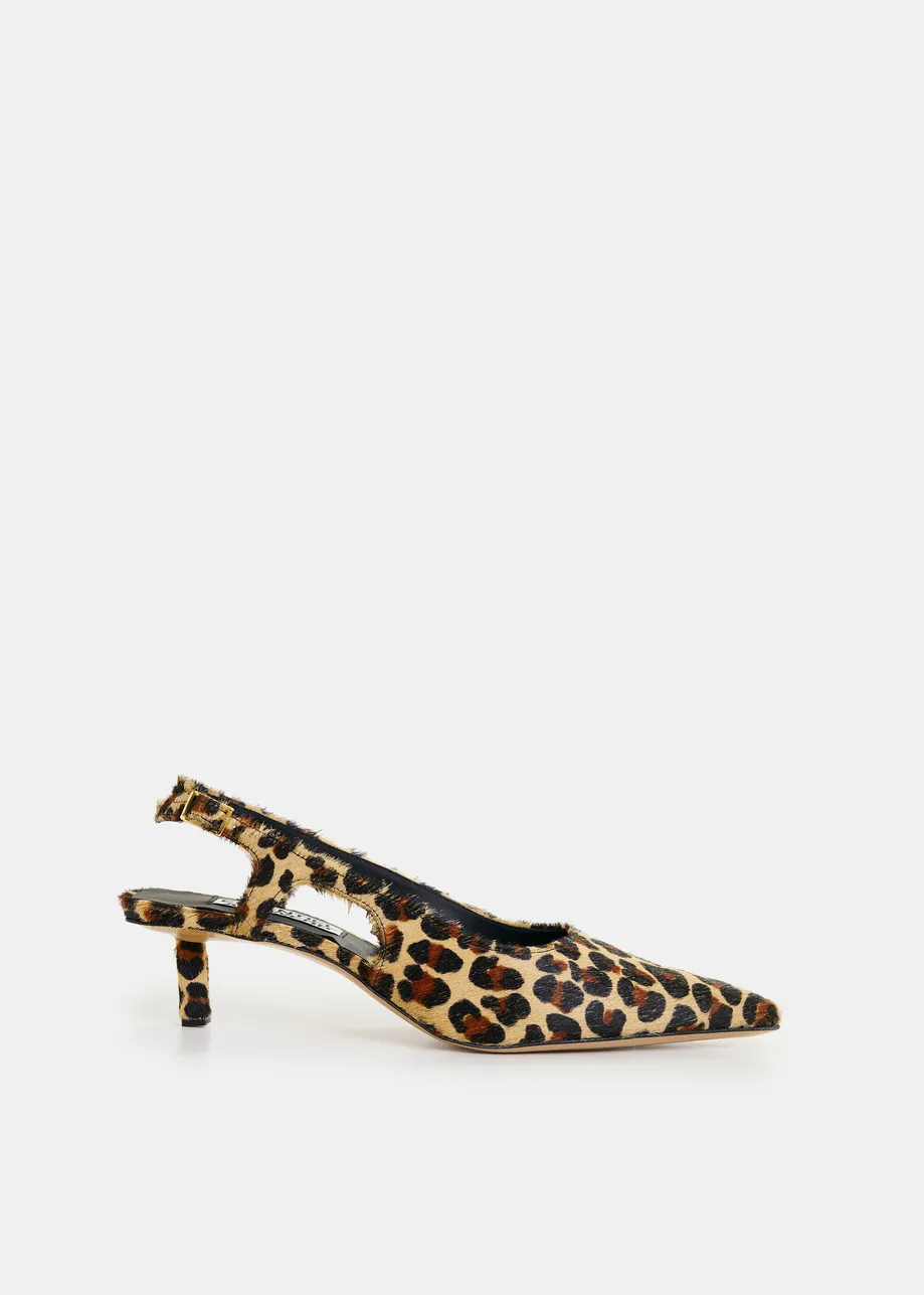 Brown and black leather leopardprint slingback pumps