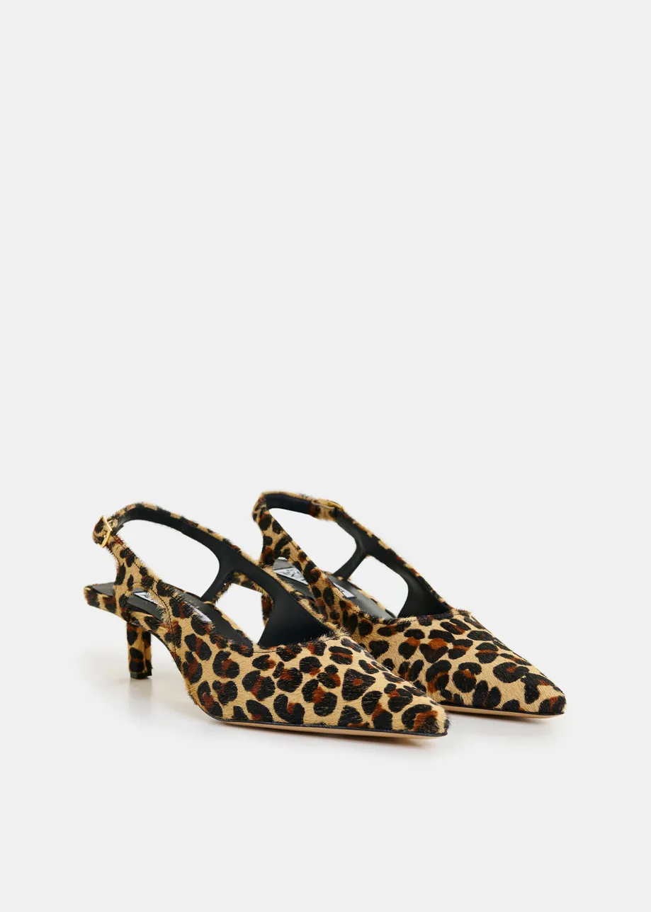 Brown and black leather leopardprint slingback pumps