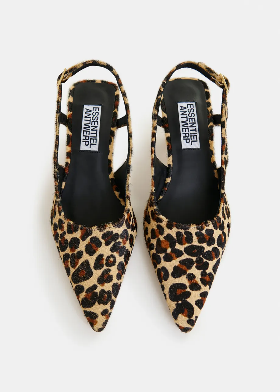Brown and black leather leopardprint slingback pumps