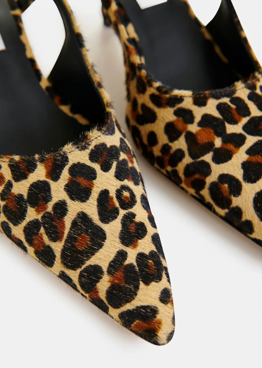 Brown and black leather leopardprint slingback pumps