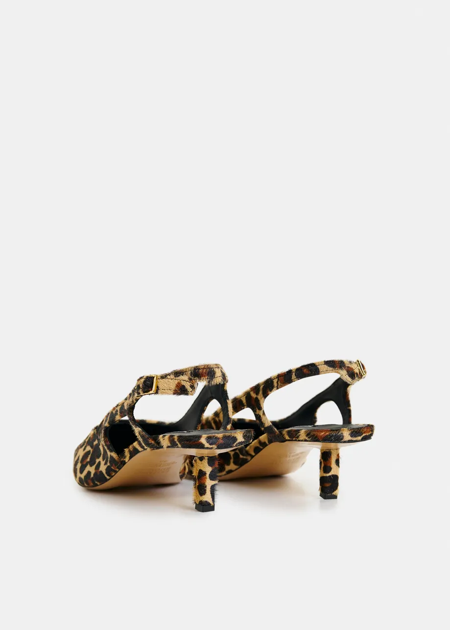 Brown and black leather leopardprint slingback pumps