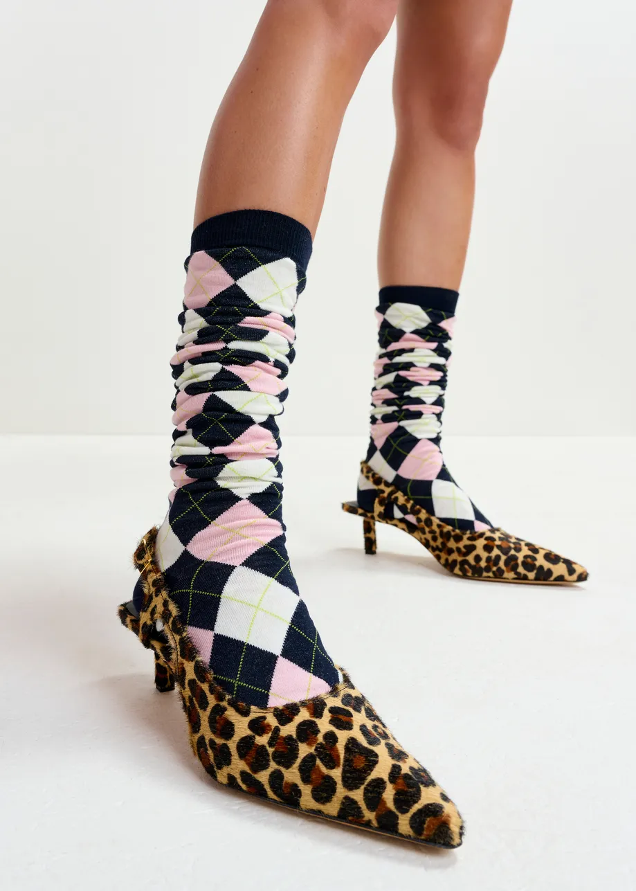 Brown and black leather leopardprint slingback pumps