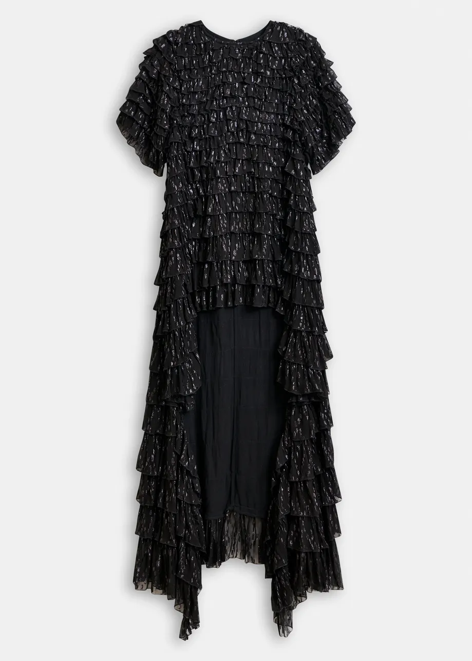 Black ruffled maxi dress with asymmetric hemline