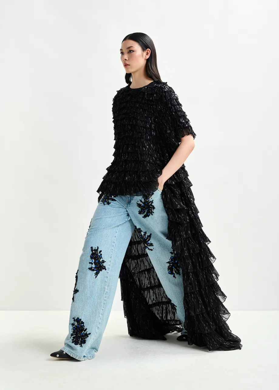 Black ruffled maxi dress with asymmetric hemline