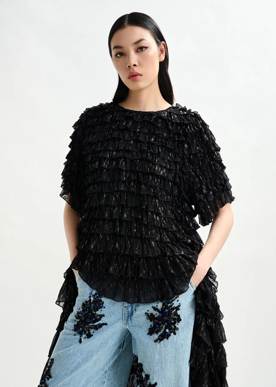 Black ruffled maxi dress with asymmetric hemline