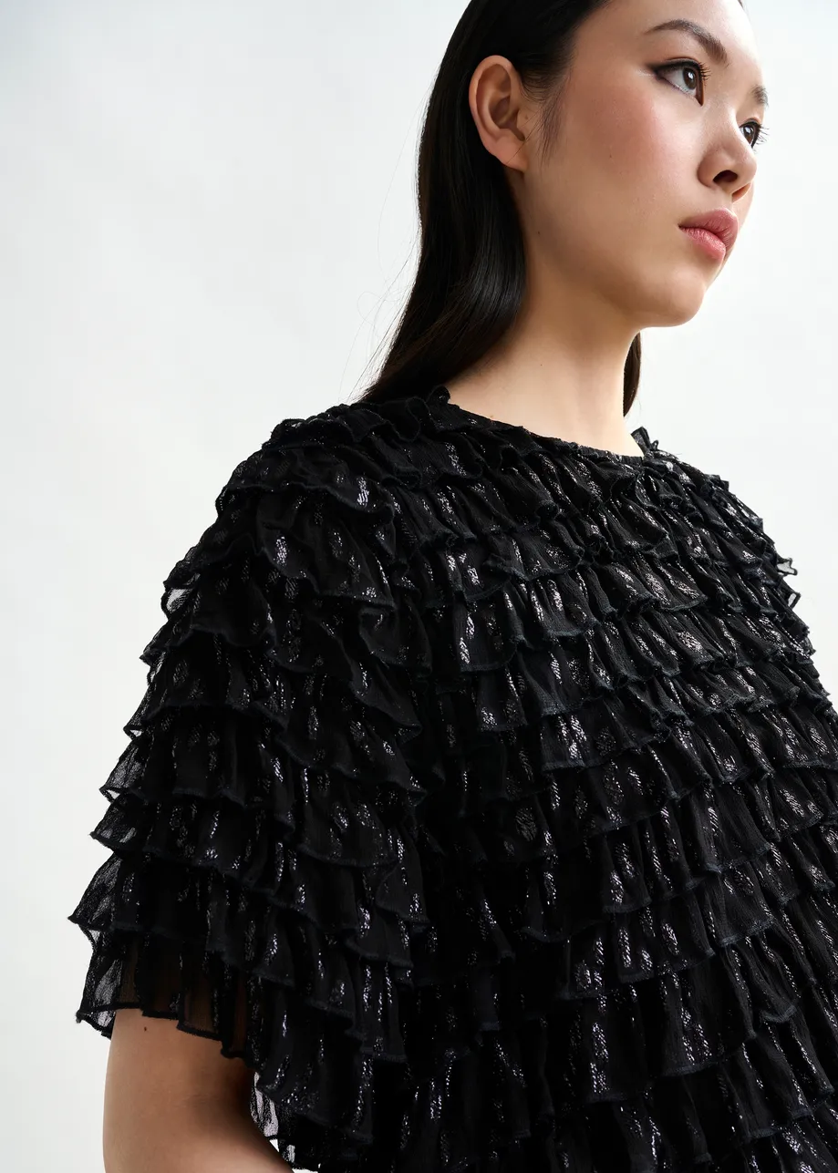 Black ruffled maxi dress with asymmetric hemline