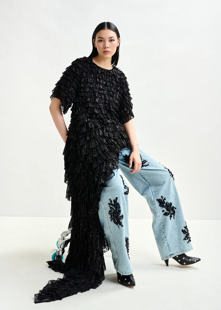 Black ruffled maxi dress with asymmetric hemline