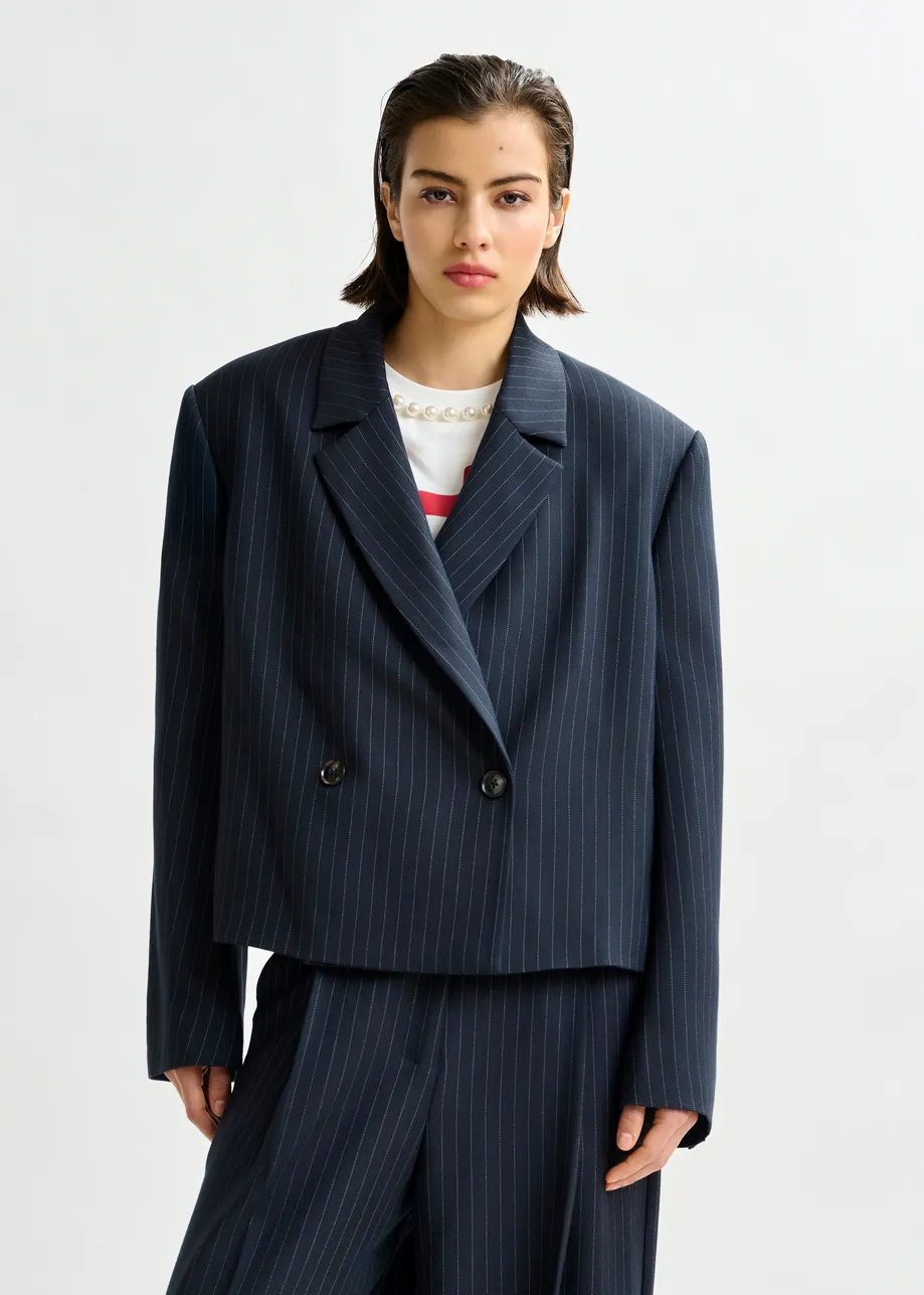 Navy and white pinstripe cropped blazer