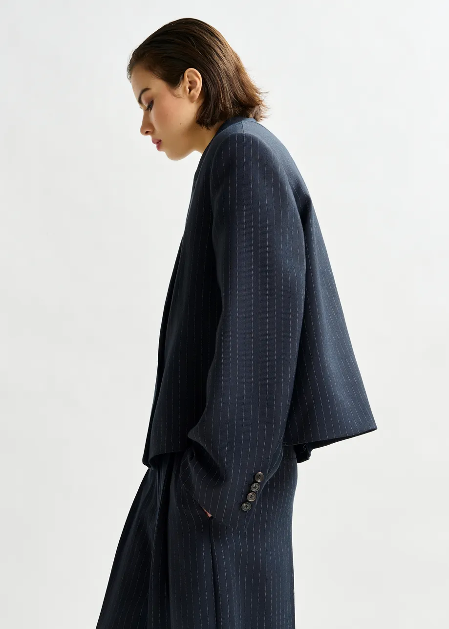 Navy and white pinstripe cropped blazer