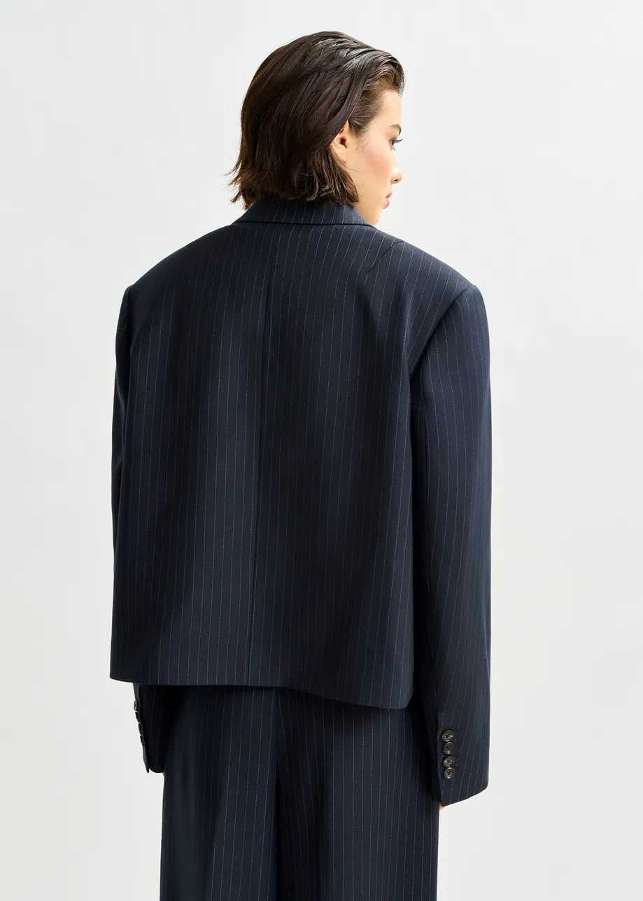 Navy and white pinstripe cropped blazer