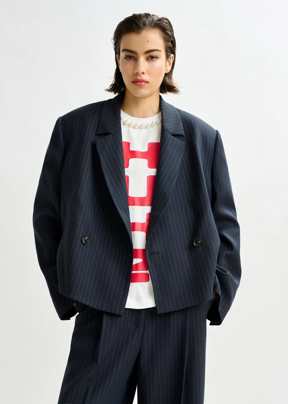 Navy and white pinstripe cropped blazer