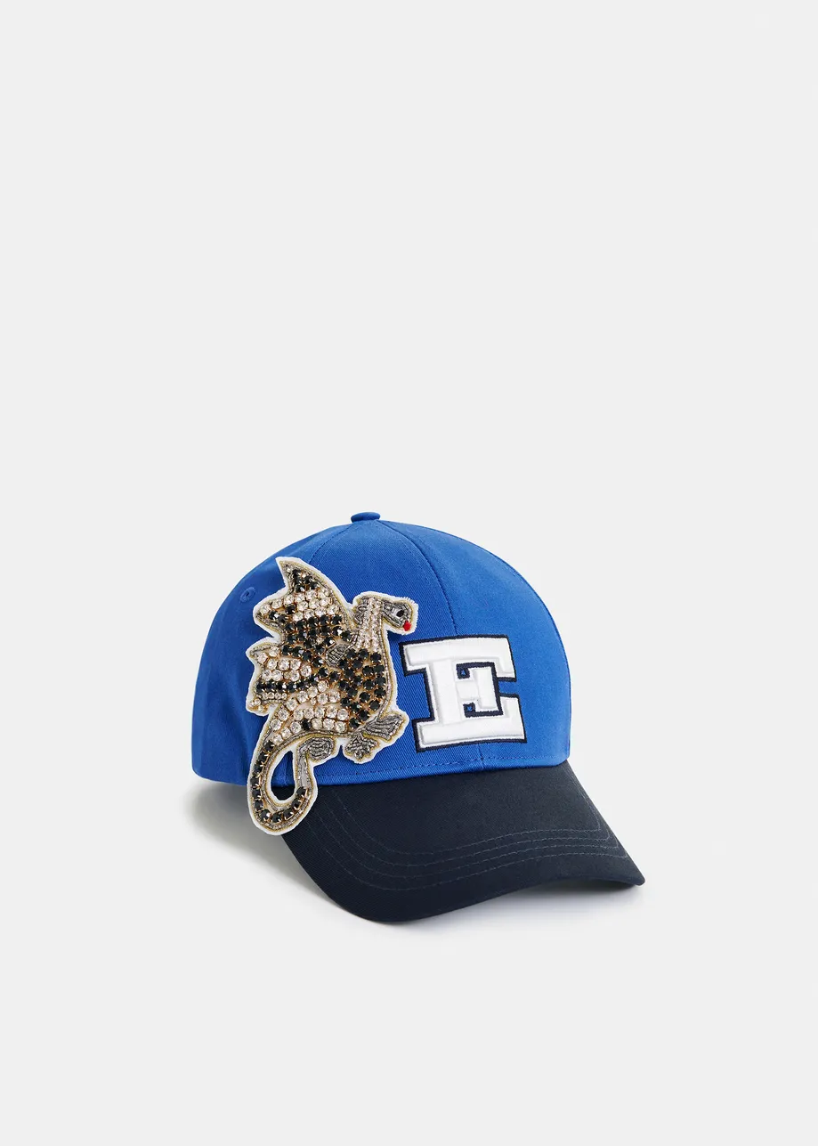 Navy, blue and white two-tone embroidered baseball cap with rhinestone patch
