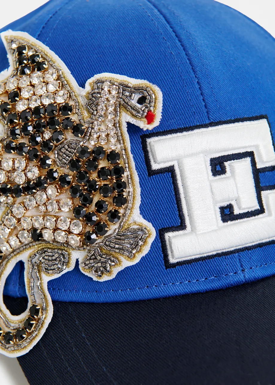 Navy, blue and white two-tone embroidered baseball cap with rhinestone patch