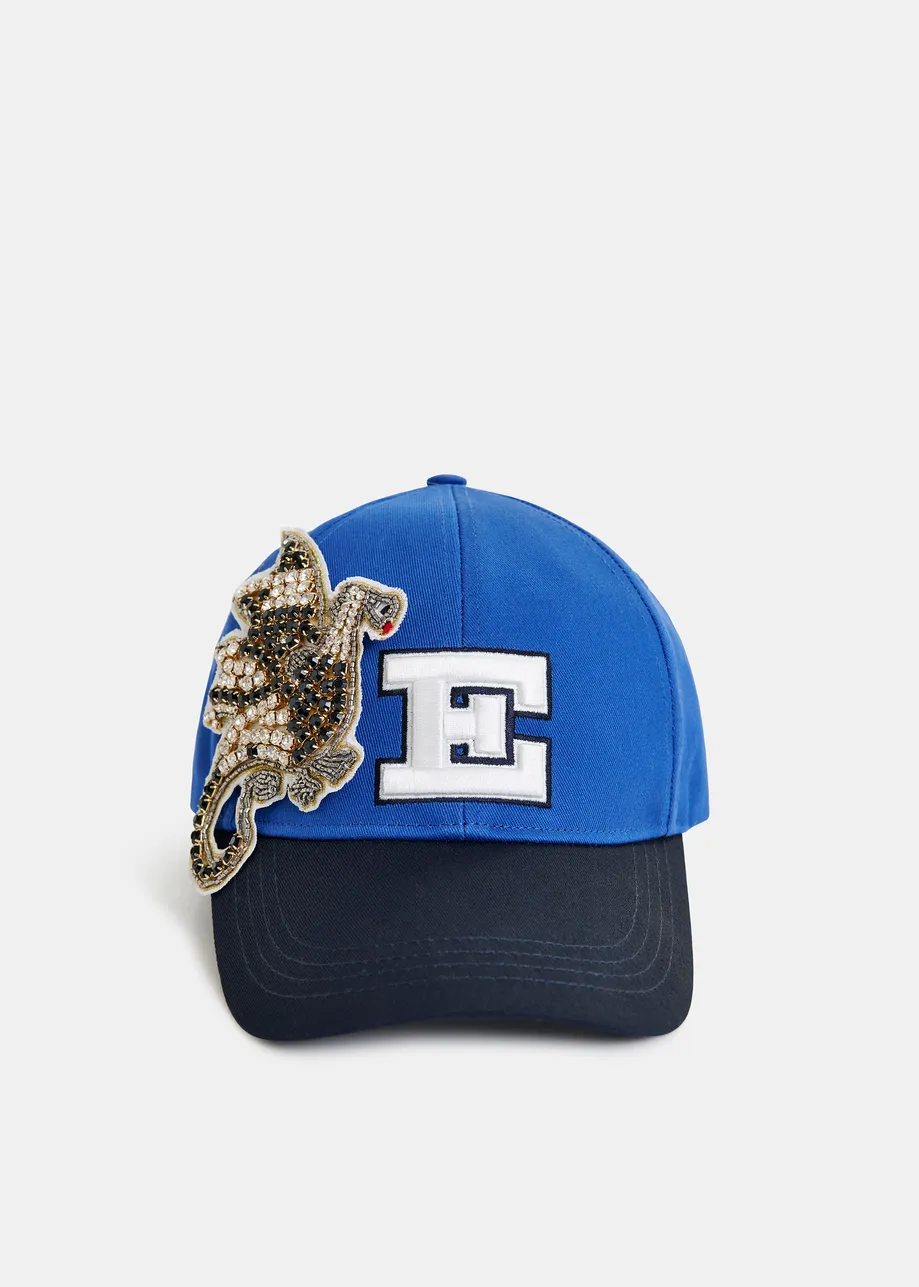 Navy, blue and white two-tone embroidered baseball cap with rhinestone patch