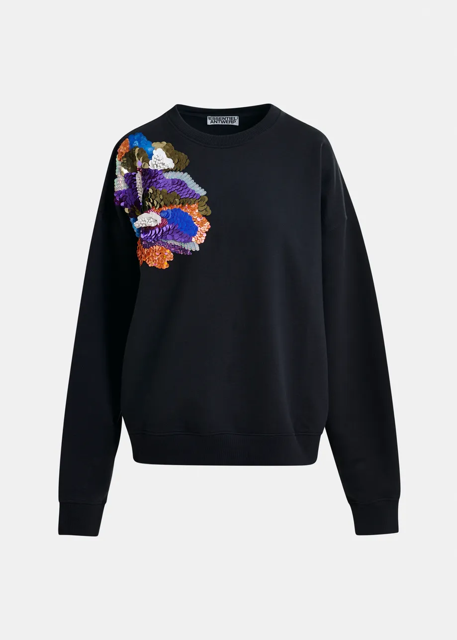 Zwarte sweater met veelkleurig borduurwerk