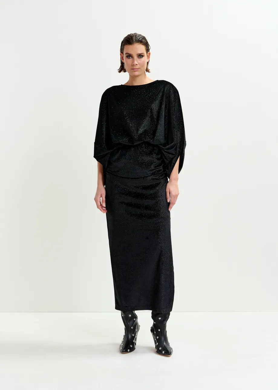 Black maxi dress with cape-like sleeves