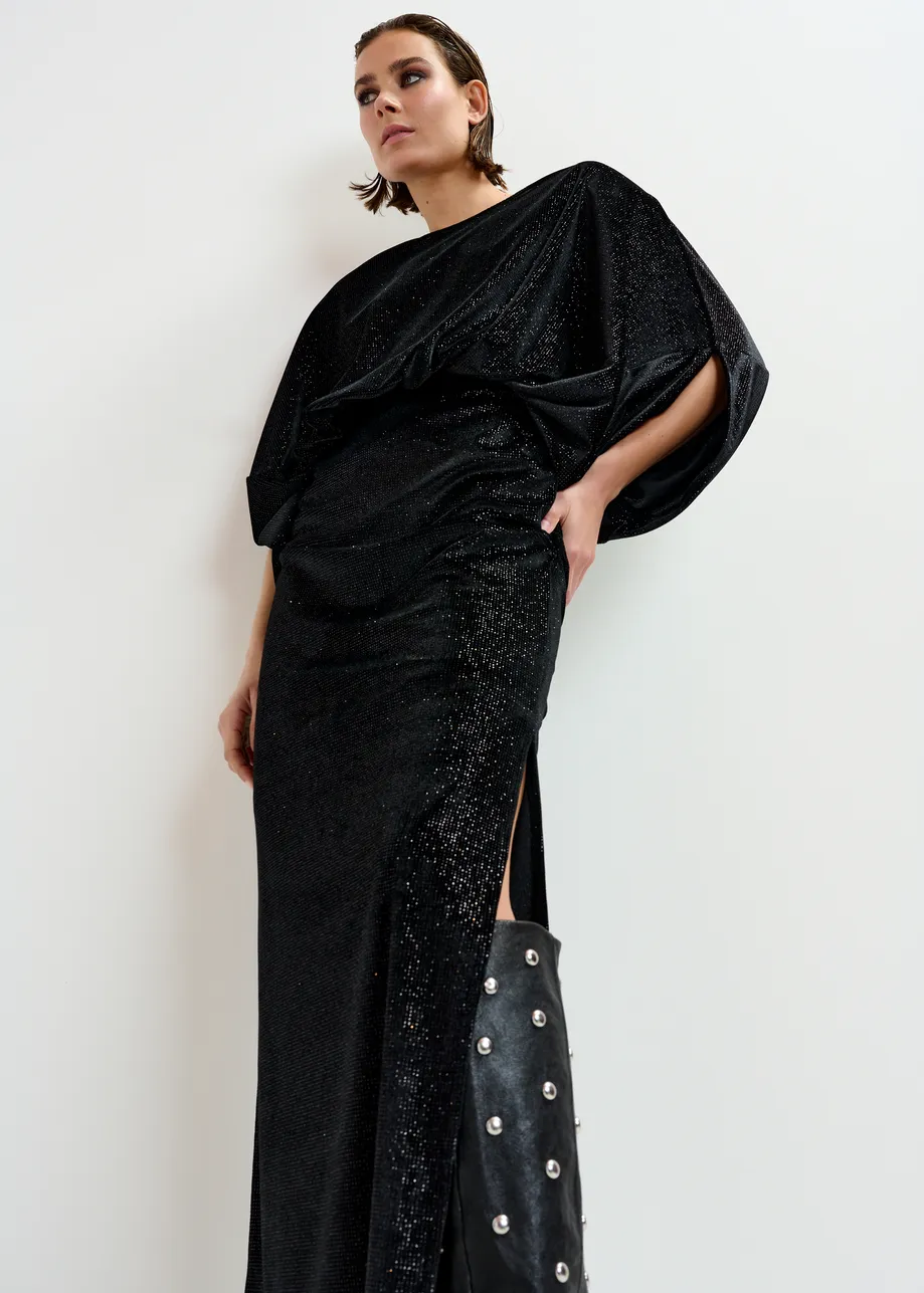Black maxi dress with cape-like sleeves