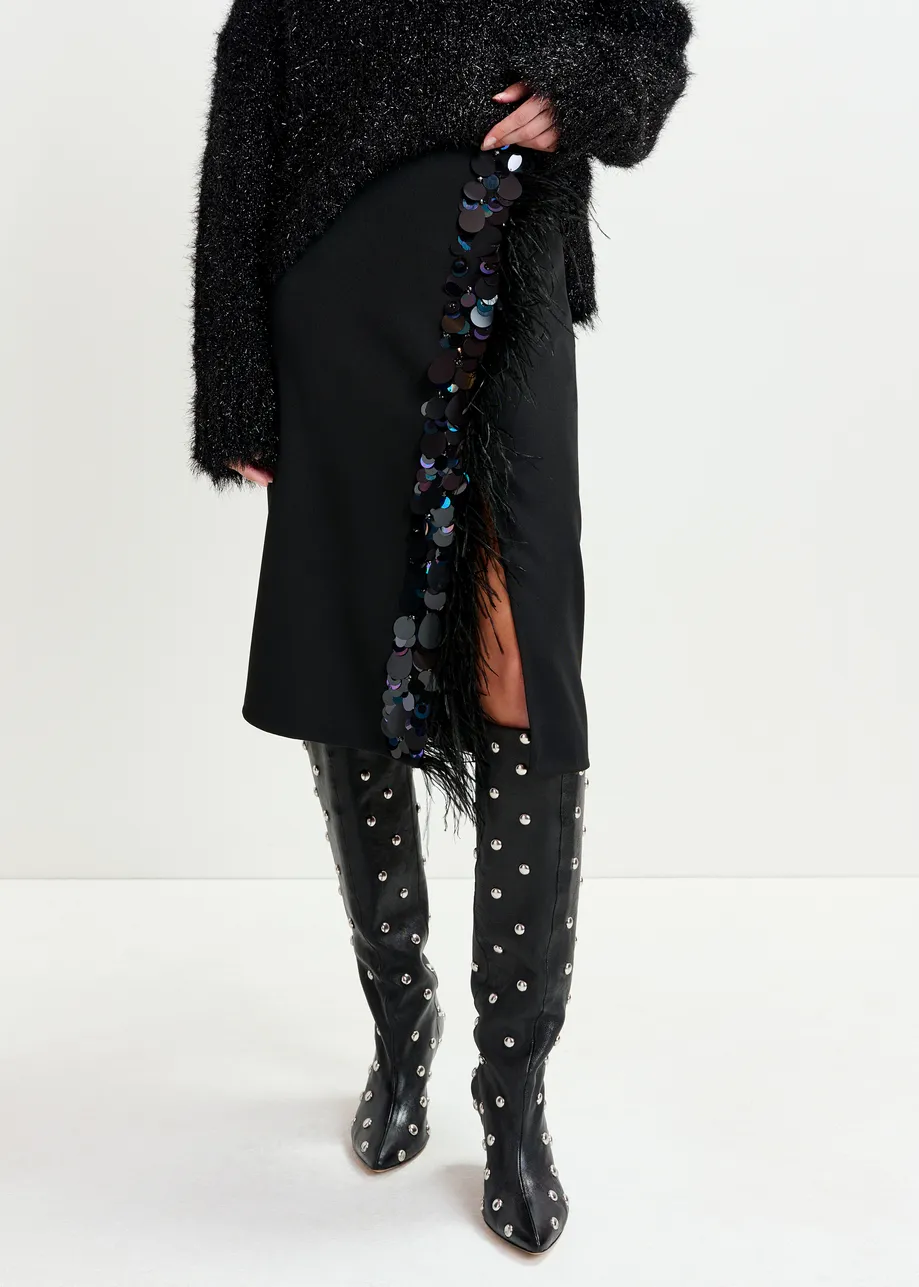 Black embellished feather-trimmed midi skirt