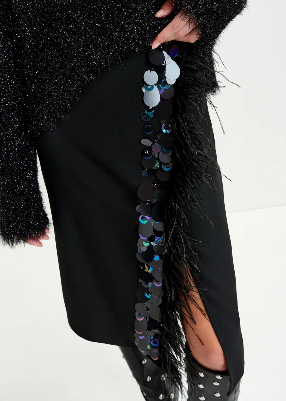 Black embellished feather-trimmed midi skirt