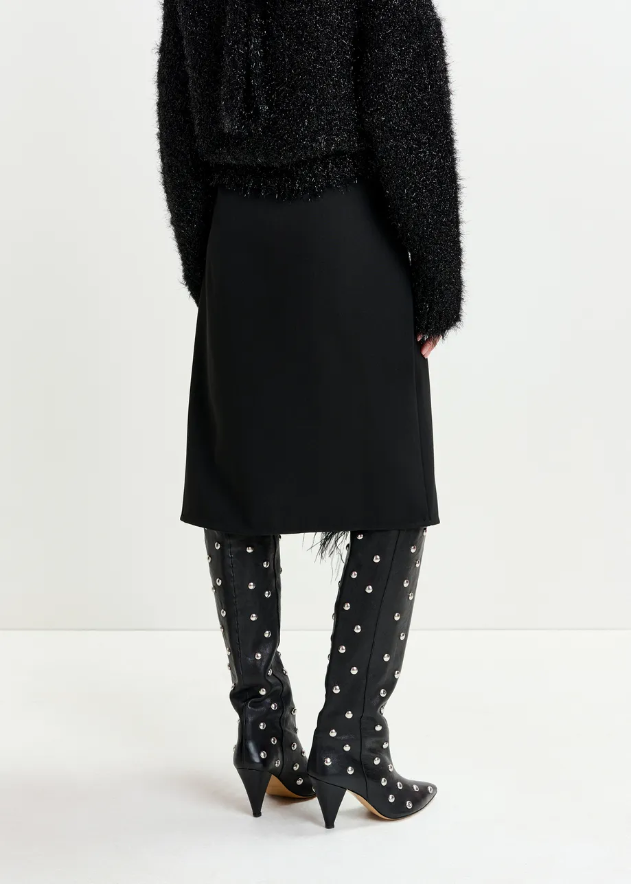 Black embellished feather-trimmed midi skirt
