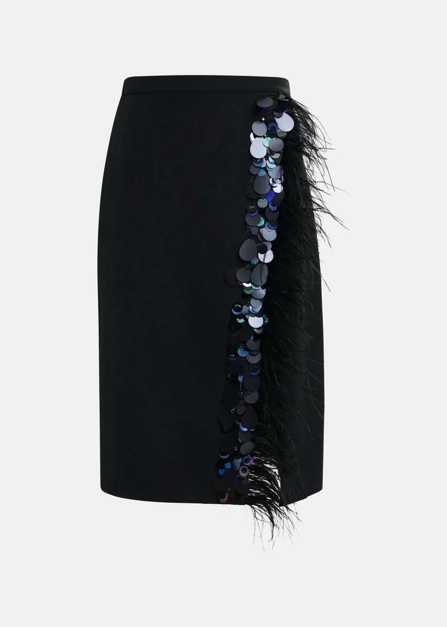 Black embellished feather-trimmed midi skirt