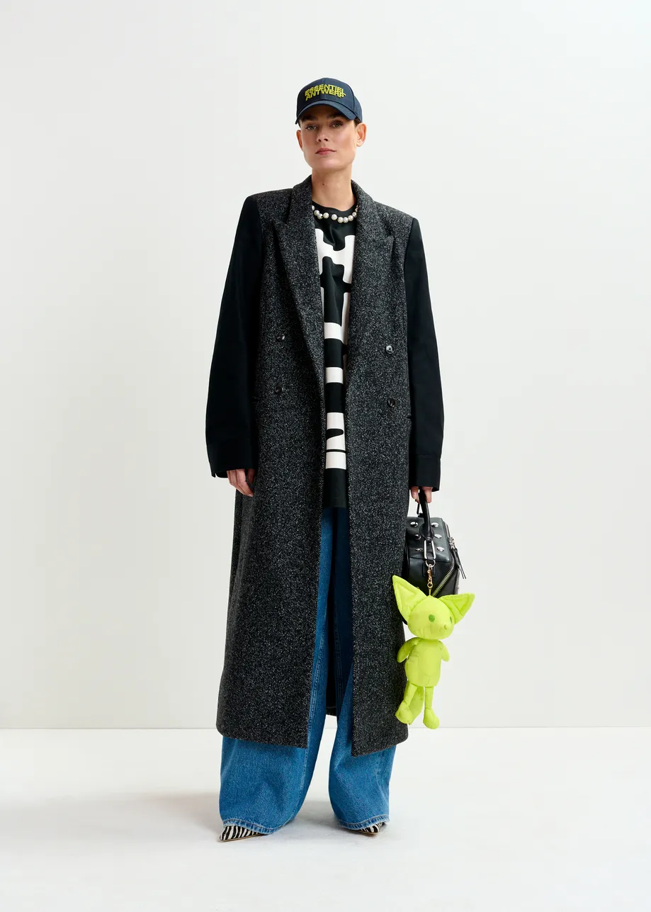 Grey and black double-breasted coat with constrast sleeves