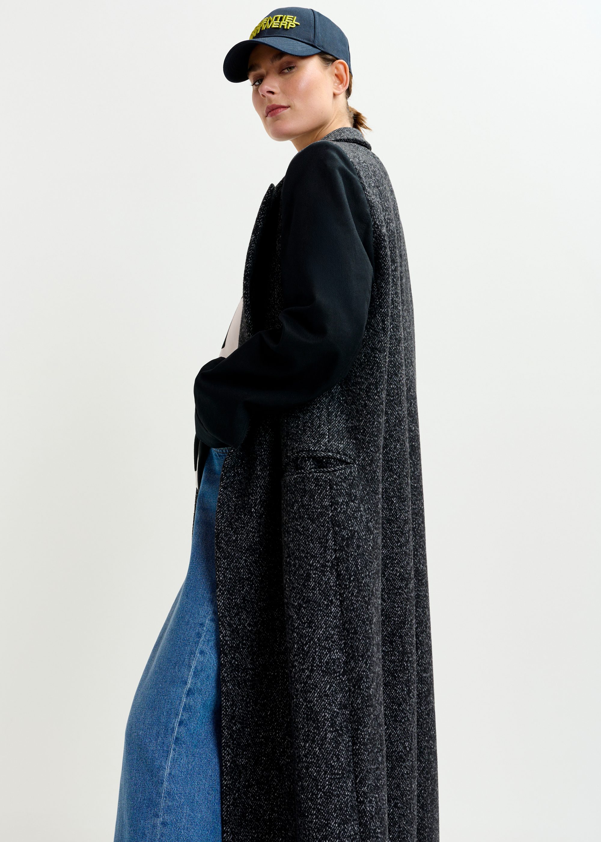 Grey and black double-breasted coat with constrast sleeves