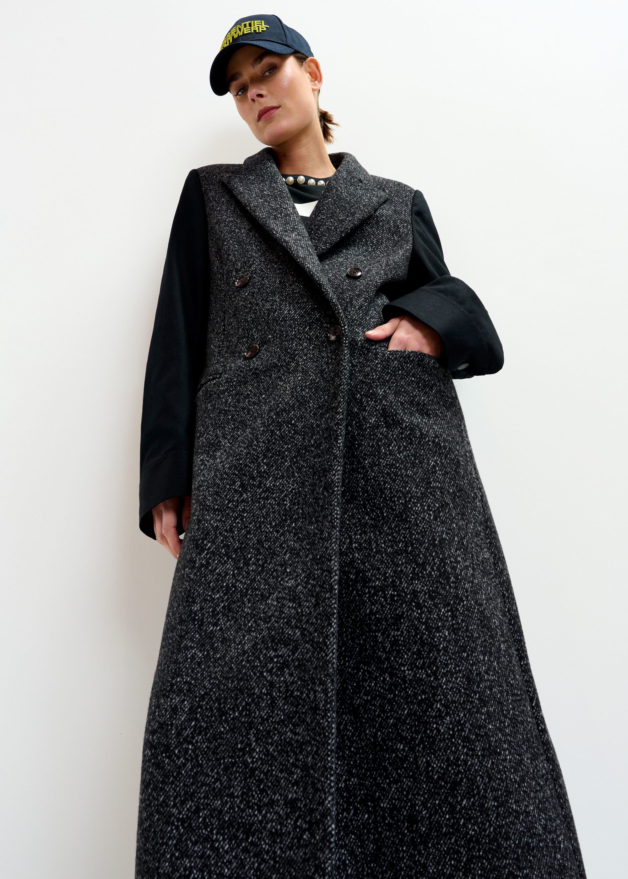 Grey and black double-breasted coat with constrast sleeves