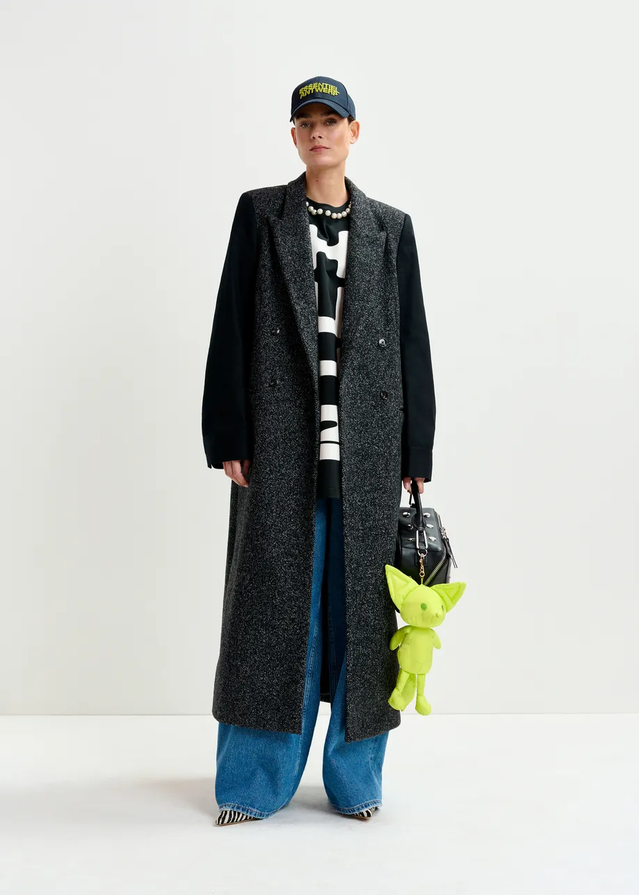 Grey and black double-breasted coat with constrast sleeves