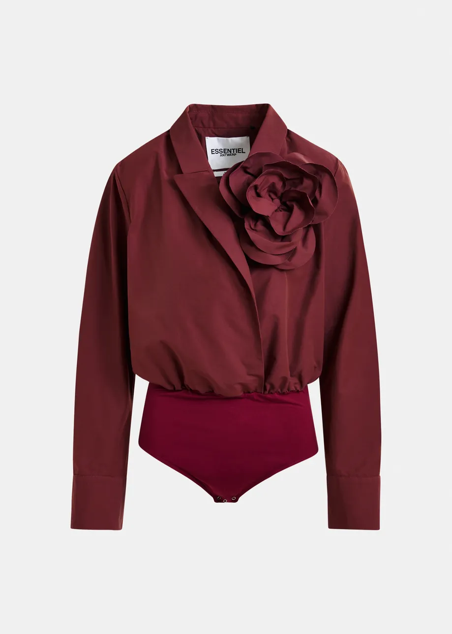 Burgundy bodysuit with self-fabric flower