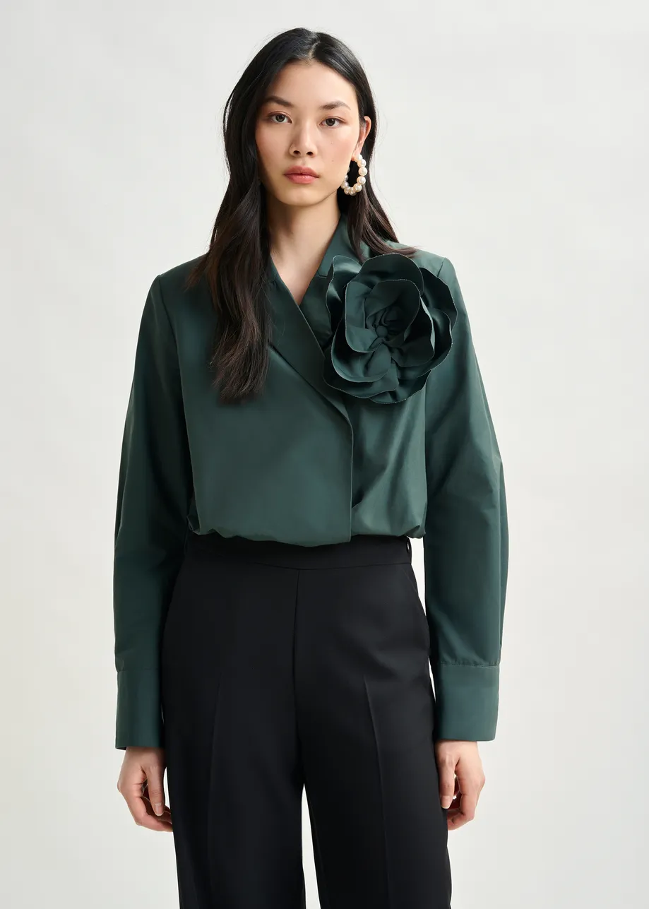 Dark teal green bodysuit with self-fabric flower