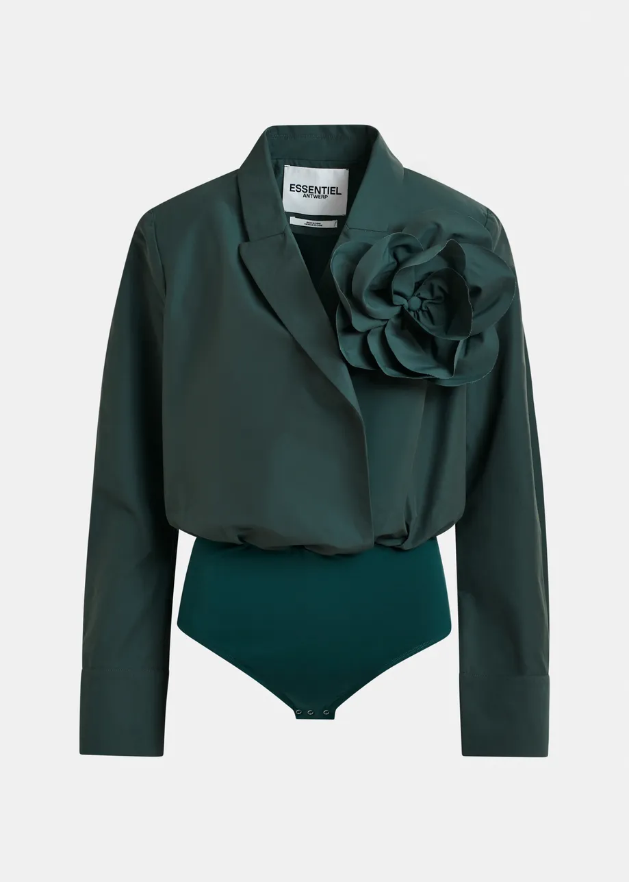Dark teal green bodysuit with self-fabric flower