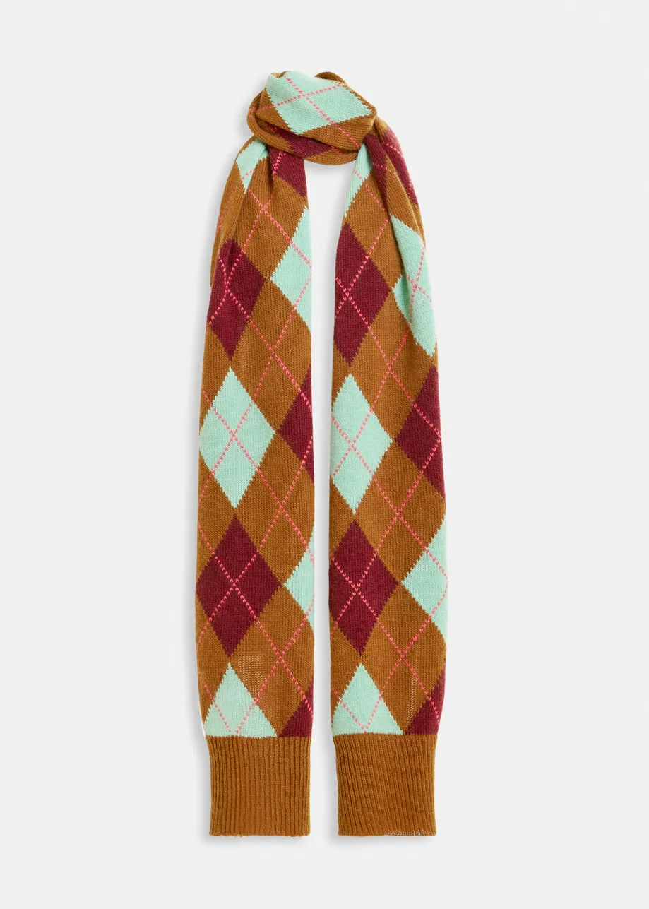 Brown, burgundy and mint argyle wool-Blend scarf with ribbed trims