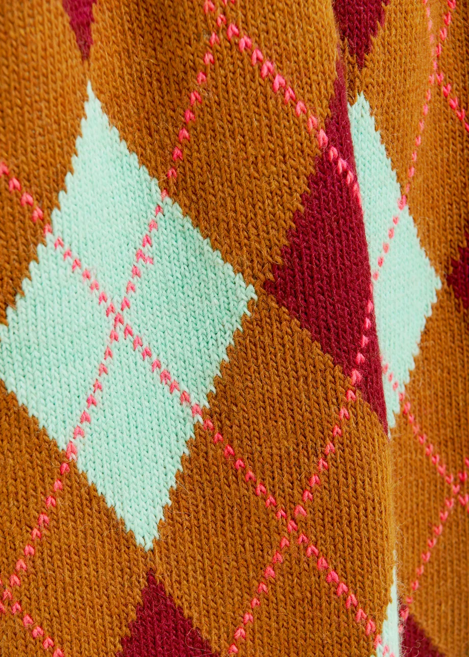 Brown, burgundy and mint argyle wool-Blend scarf with ribbed trims