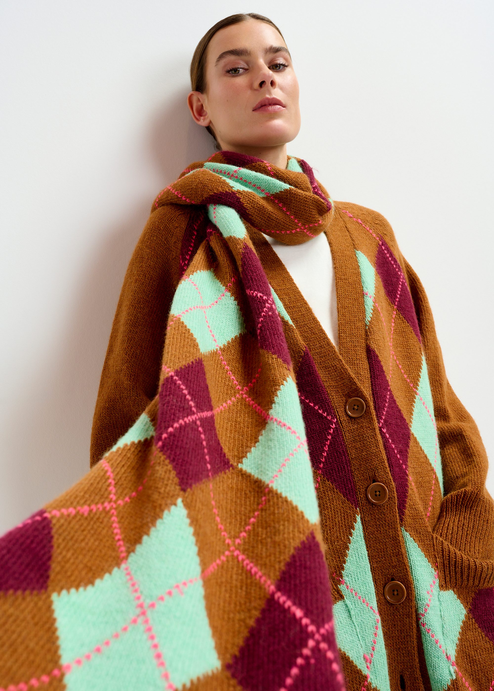 Brown, burgundy and mint argyle wool-blend scarf with ribbed trims