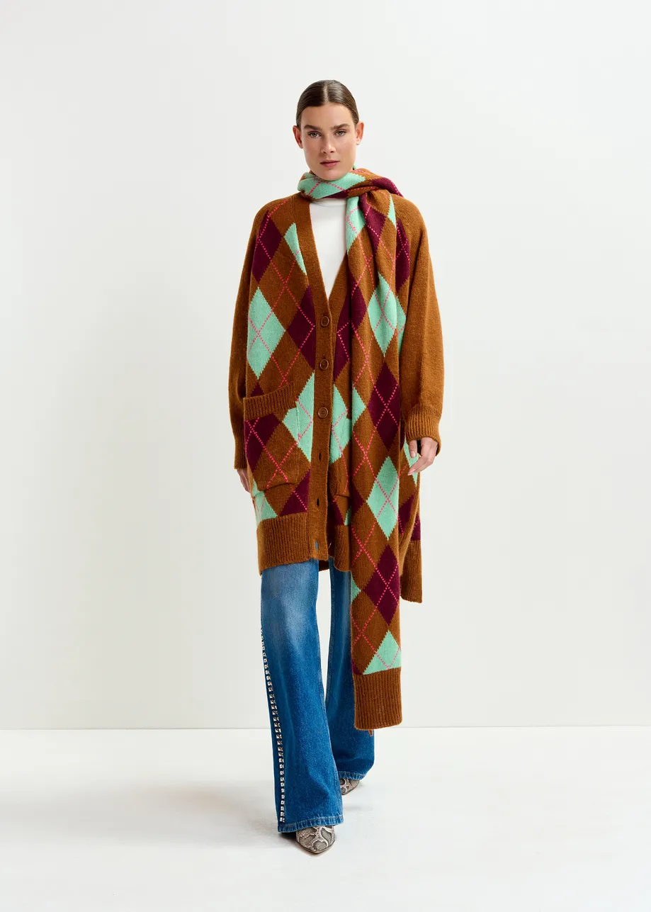 Brown, burgundy and mint argyle wool-Blend scarf with ribbed trims